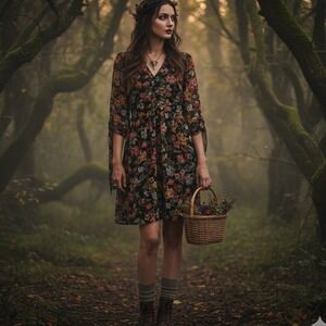 New Look Floral Babydoll Mini Dress XS 0 Black Sheer Dark Cottagecore Whimsy NWT